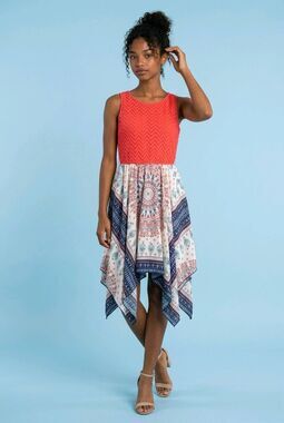 🩵Lilt Coral Lace Asymmetric Handkerchief Hem Sleeveless Dress Juniors 16